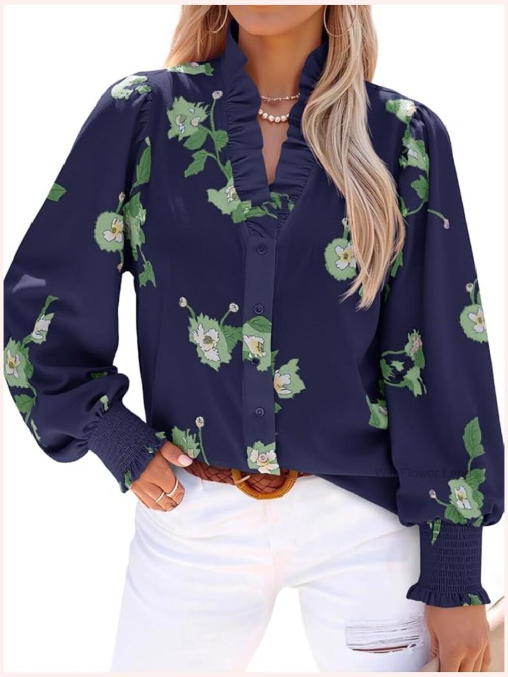 Womens Floral Ruffle Blouse Boho V Neck Button Down Puff Sleeve Blouse
